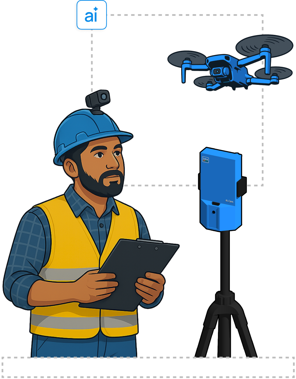 Construction worker with smart helmet, drone, and AI-powered site camera